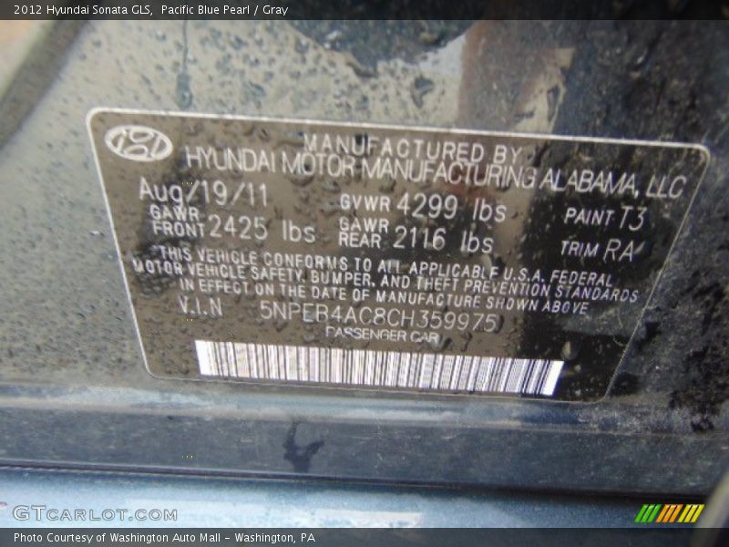 Pacific Blue Pearl / Gray 2012 Hyundai Sonata GLS