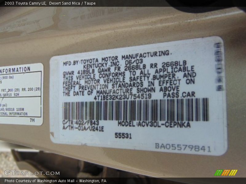 Desert Sand Mica / Taupe 2003 Toyota Camry LE
