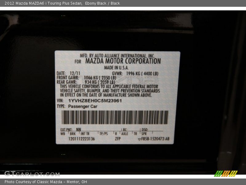 Ebony Black / Black 2012 Mazda MAZDA6 i Touring Plus Sedan