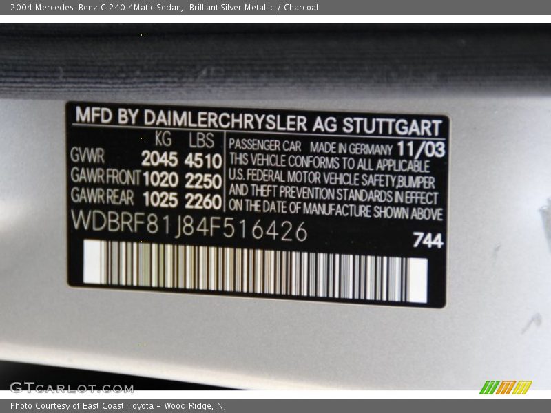 Brilliant Silver Metallic / Charcoal 2004 Mercedes-Benz C 240 4Matic Sedan