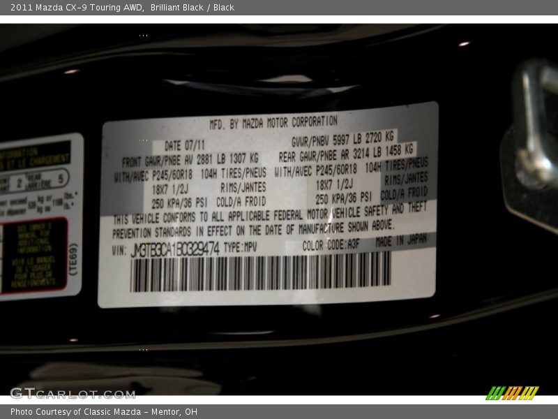 Brilliant Black / Black 2011 Mazda CX-9 Touring AWD