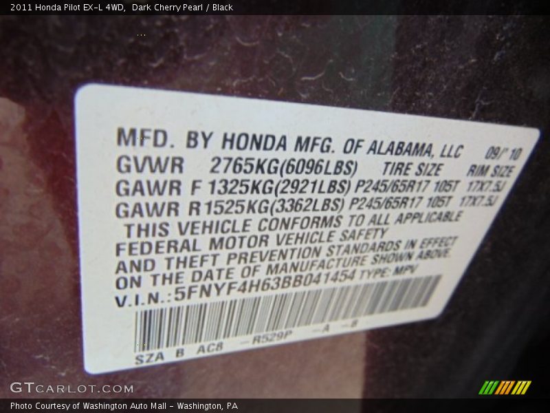 Dark Cherry Pearl / Black 2011 Honda Pilot EX-L 4WD