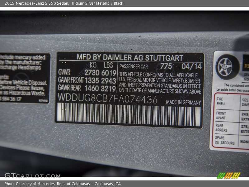 Iridium Silver Metallic / Black 2015 Mercedes-Benz S 550 Sedan