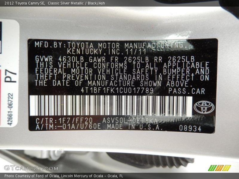 Classic Silver Metallic / Black/Ash 2012 Toyota Camry SE