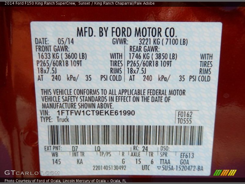 2014 F150 King Ranch SuperCrew Sunset Color Code D7