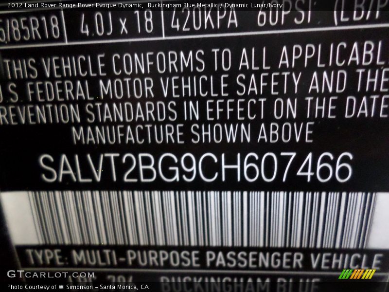 Buckingham Blue Metallic / Dynamic Lunar/Ivory 2012 Land Rover Range Rover Evoque Dynamic