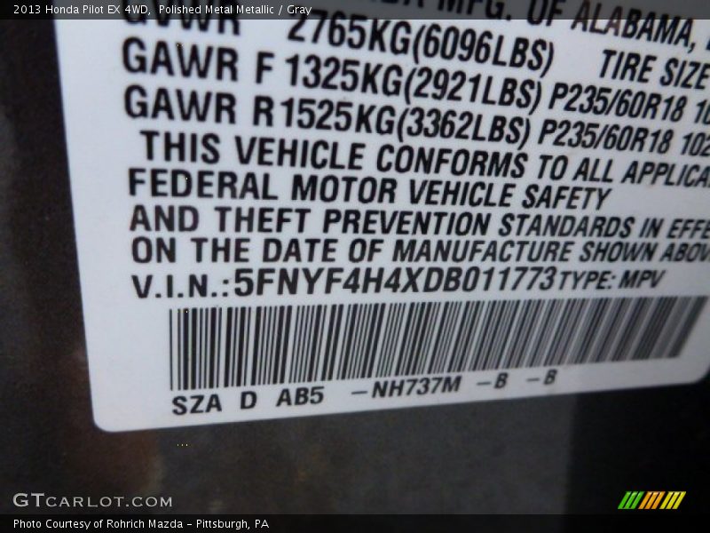 Polished Metal Metallic / Gray 2013 Honda Pilot EX 4WD