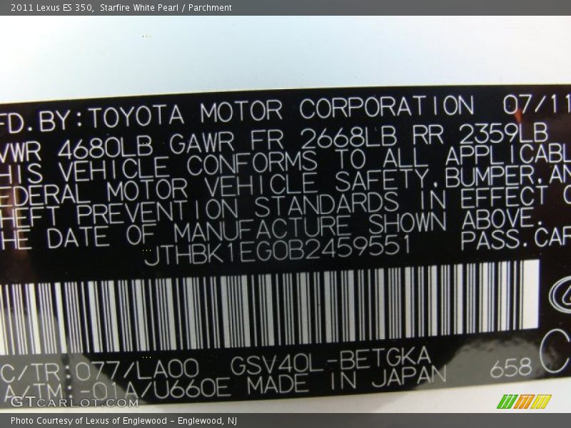 Starfire White Pearl / Parchment 2011 Lexus ES 350
