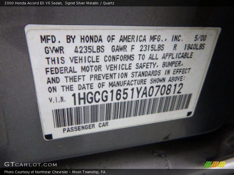 Signet Silver Metallic / Quartz 2000 Honda Accord EX V6 Sedan