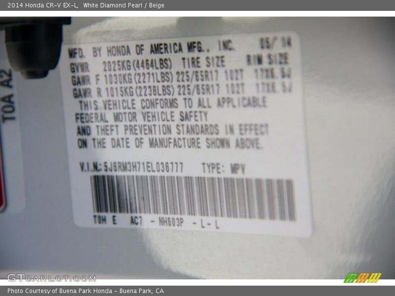 White Diamond Pearl / Beige 2014 Honda CR-V EX-L