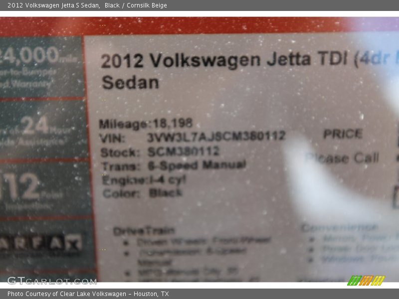 Black / Cornsilk Beige 2012 Volkswagen Jetta S Sedan