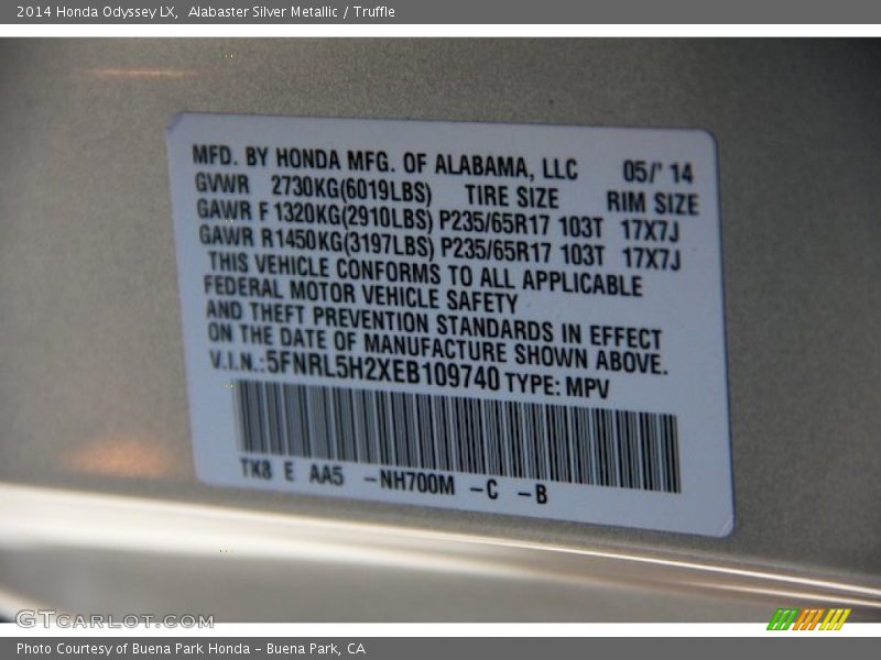 Alabaster Silver Metallic / Truffle 2014 Honda Odyssey LX