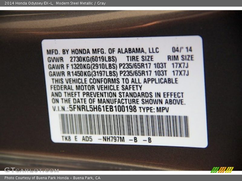 Modern Steel Metallic / Gray 2014 Honda Odyssey EX-L