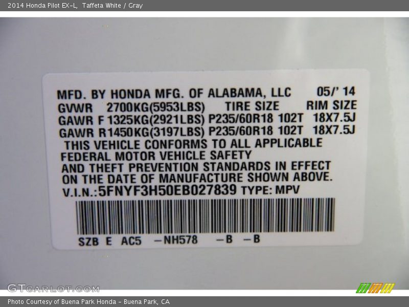 Taffeta White / Gray 2014 Honda Pilot EX-L