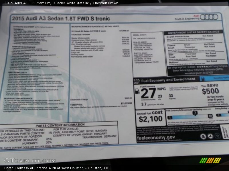 Glacier White Metallic / Chestnut Brown 2015 Audi A3 1.8 Premium