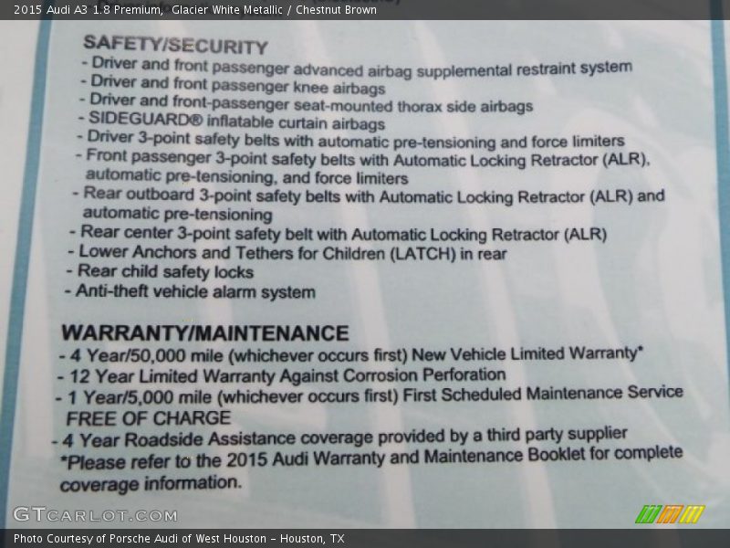 Glacier White Metallic / Chestnut Brown 2015 Audi A3 1.8 Premium