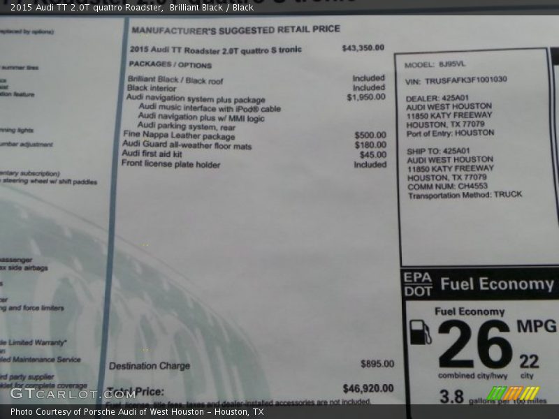  2015 TT 2.0T quattro Roadster Window Sticker