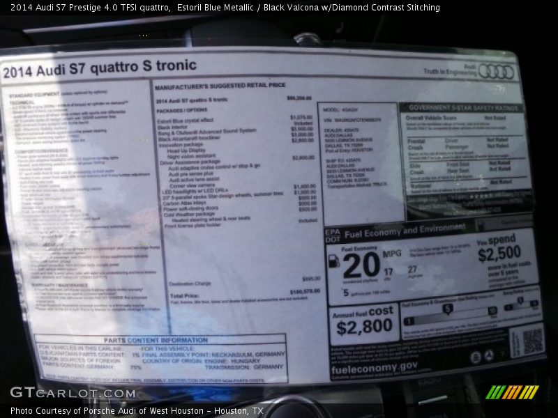 Estoril Blue Metallic / Black Valcona w/Diamond Contrast Stitching 2014 Audi S7 Prestige 4.0 TFSI quattro
