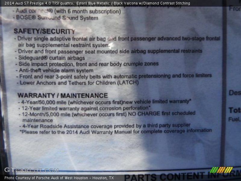 Estoril Blue Metallic / Black Valcona w/Diamond Contrast Stitching 2014 Audi S7 Prestige 4.0 TFSI quattro