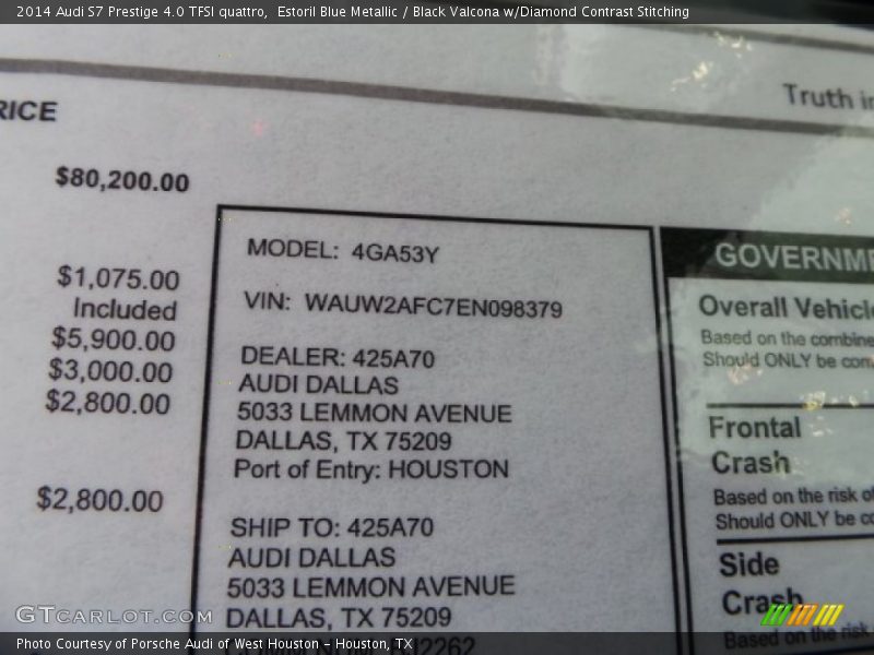 Estoril Blue Metallic / Black Valcona w/Diamond Contrast Stitching 2014 Audi S7 Prestige 4.0 TFSI quattro