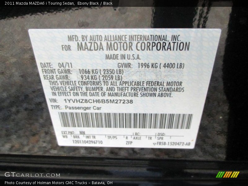 Ebony Black / Black 2011 Mazda MAZDA6 i Touring Sedan