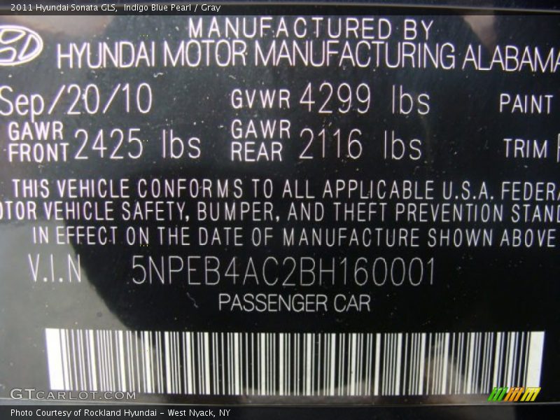 Indigo Blue Pearl / Gray 2011 Hyundai Sonata GLS