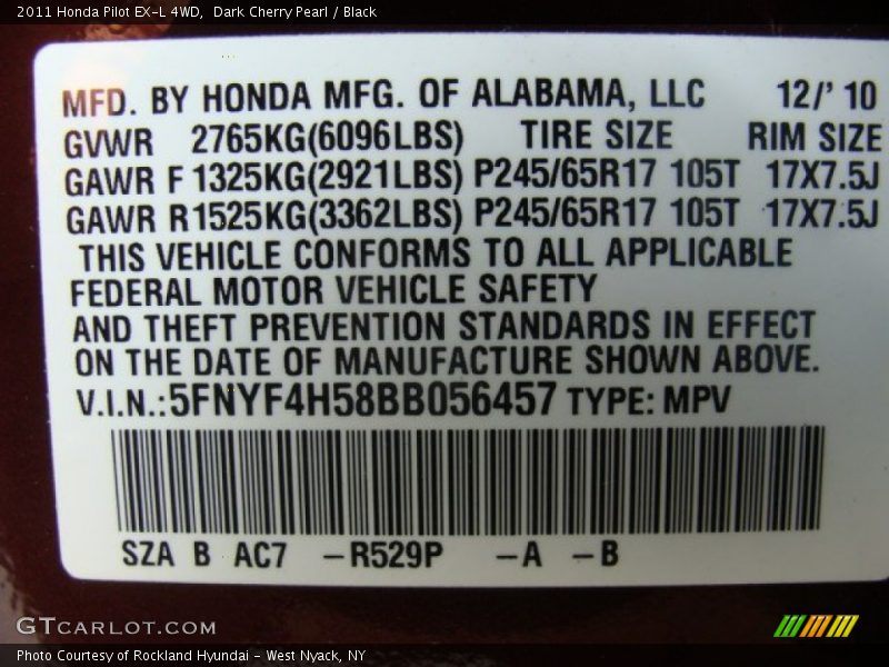 Dark Cherry Pearl / Black 2011 Honda Pilot EX-L 4WD