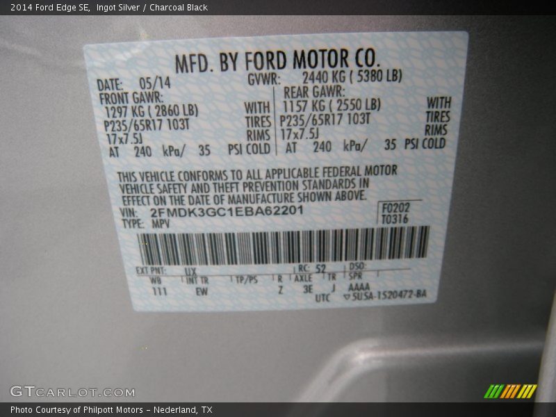 Ingot Silver / Charcoal Black 2014 Ford Edge SE