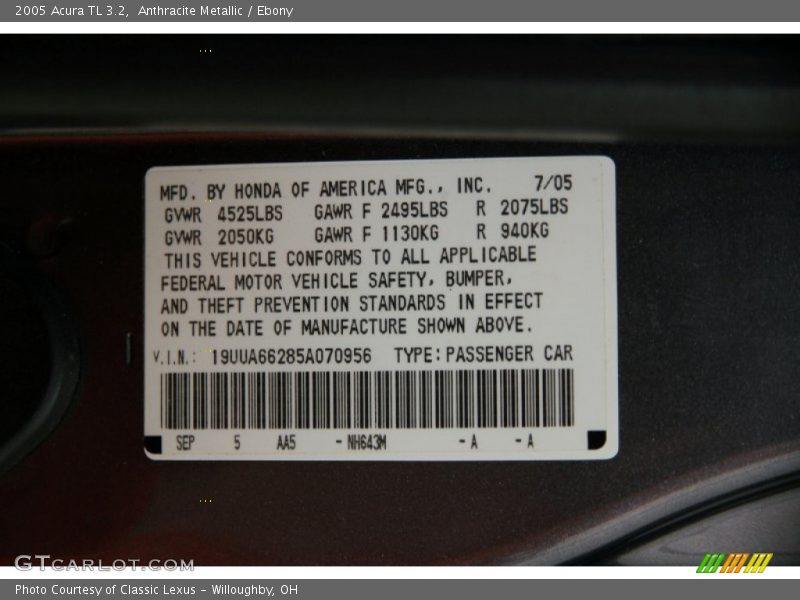 Anthracite Metallic / Ebony 2005 Acura TL 3.2