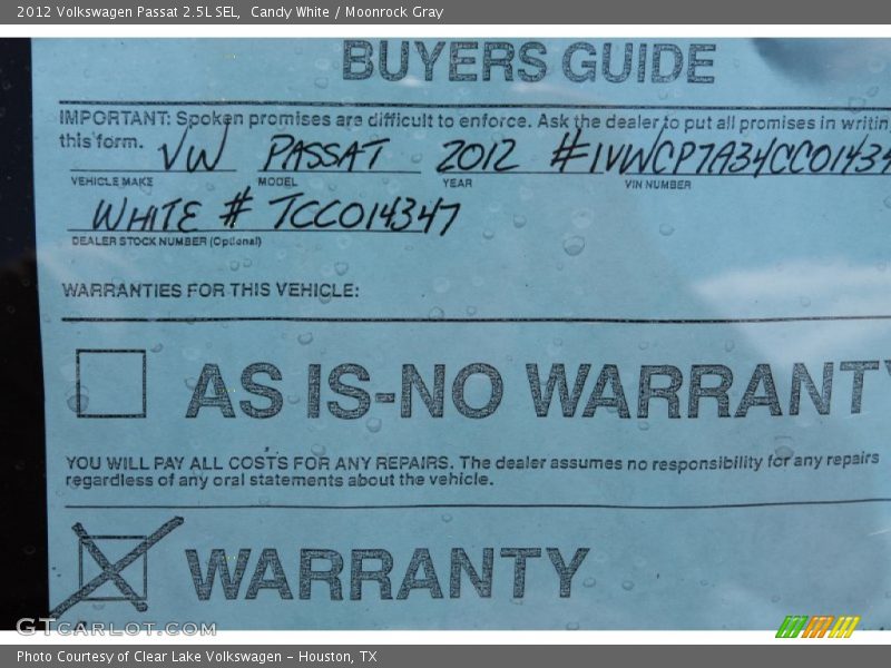Candy White / Moonrock Gray 2012 Volkswagen Passat 2.5L SEL