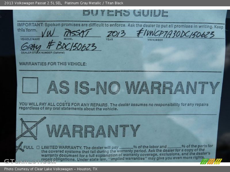 Platinum Gray Metallic / Titan Black 2013 Volkswagen Passat 2.5L SEL
