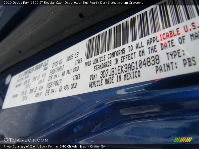 Deep Water Blue Pearl / Dark Slate/Medium Graystone 2010 Dodge Ram 1500 ST Regular Cab