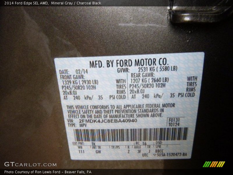 Mineral Gray / Charcoal Black 2014 Ford Edge SEL AWD