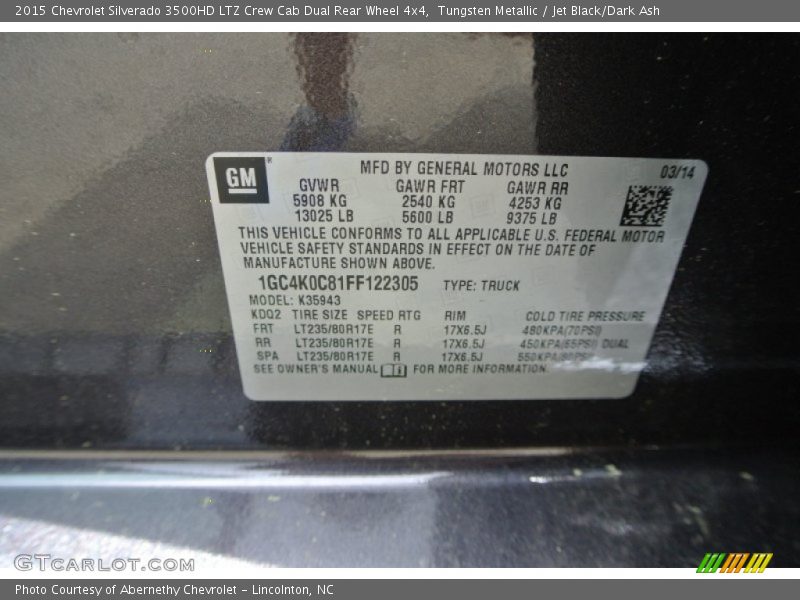 Info Tag of 2015 Silverado 3500HD LTZ Crew Cab Dual Rear Wheel 4x4