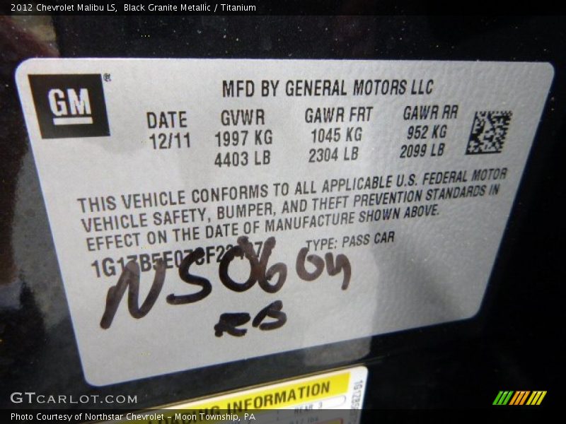Black Granite Metallic / Titanium 2012 Chevrolet Malibu LS