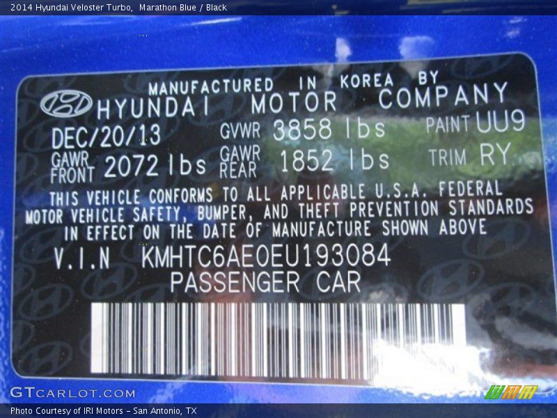 Marathon Blue / Black 2014 Hyundai Veloster Turbo
