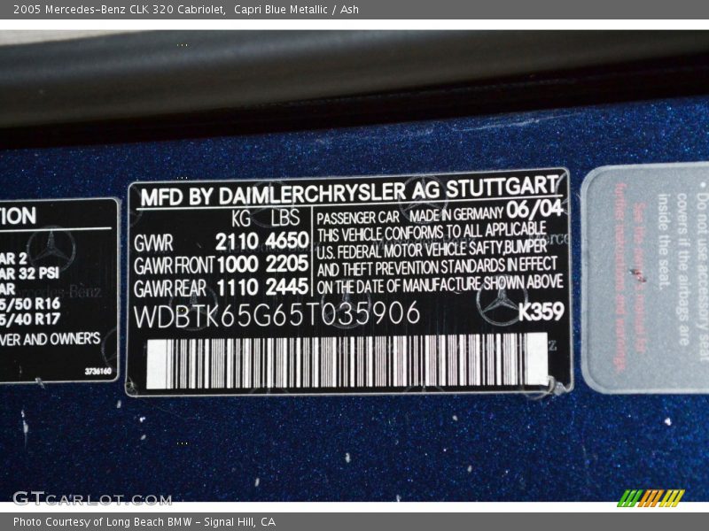 2005 CLK 320 Cabriolet Capri Blue Metallic Color Code 359