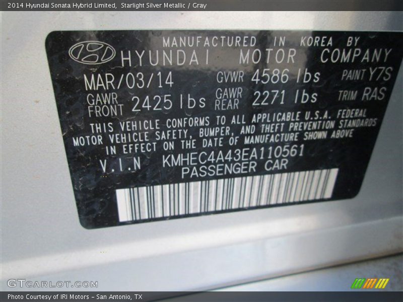 Starlight Silver Metallic / Gray 2014 Hyundai Sonata Hybrid Limited