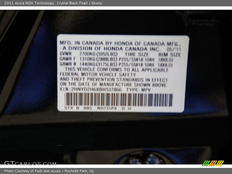 Crystal Black Pearl / Ebony 2011 Acura MDX Technology