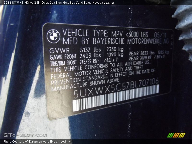 Deep Sea Blue Metallic / Sand Beige Nevada Leather 2011 BMW X3 xDrive 28i