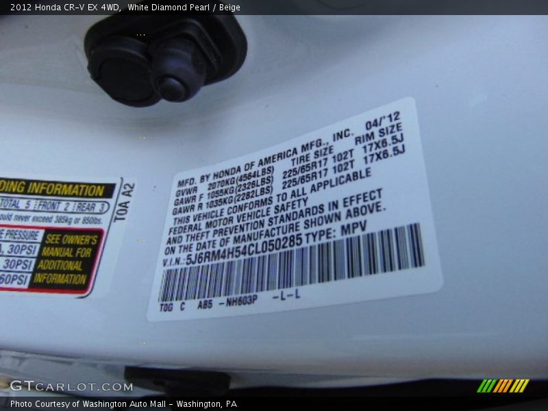 White Diamond Pearl / Beige 2012 Honda CR-V EX 4WD