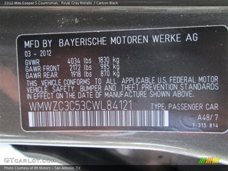 Royal Gray Metallic / Carbon Black 2012 Mini Cooper S Countryman