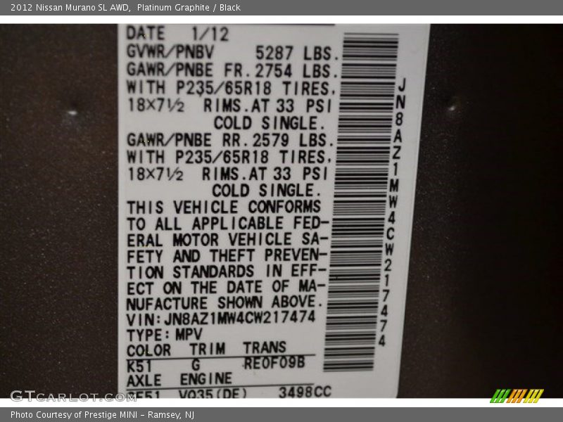 Platinum Graphite / Black 2012 Nissan Murano SL AWD