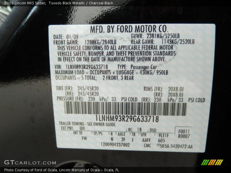 Tuxedo Black Metallic / Charcoal Black 2009 Lincoln MKS Sedan