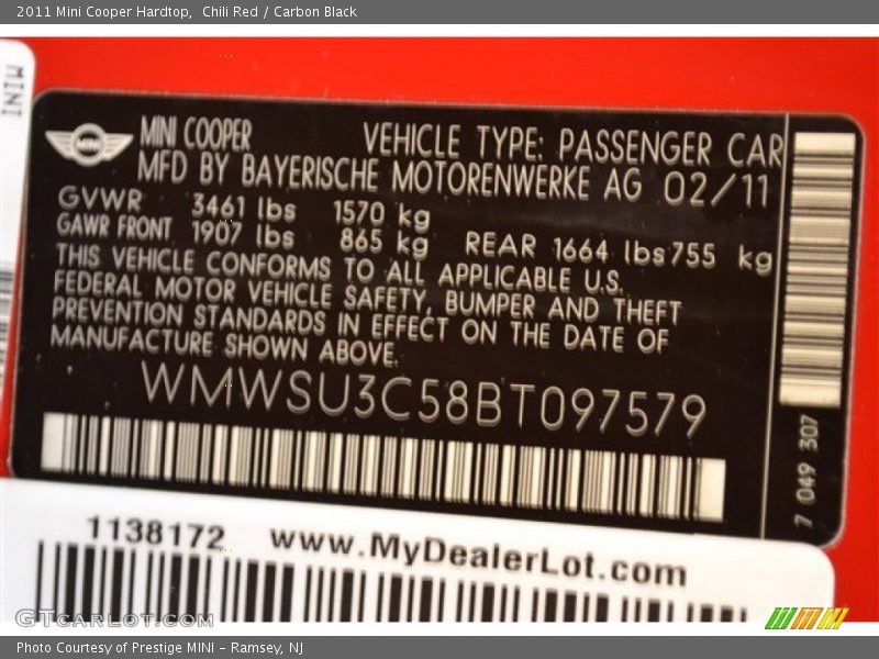 Chili Red / Carbon Black 2011 Mini Cooper Hardtop