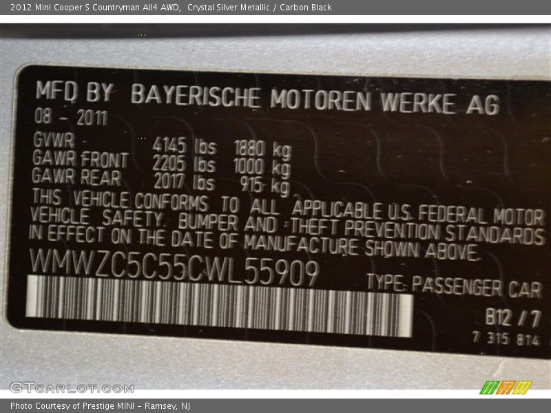Crystal Silver Metallic / Carbon Black 2012 Mini Cooper S Countryman All4 AWD