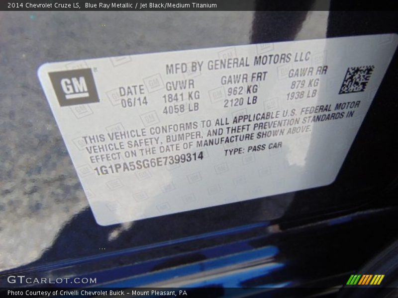 Blue Ray Metallic / Jet Black/Medium Titanium 2014 Chevrolet Cruze LS
