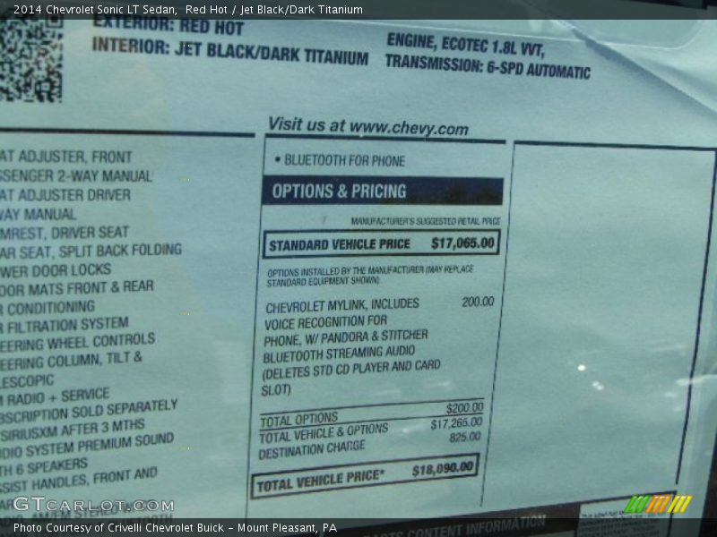  2014 Sonic LT Sedan Window Sticker