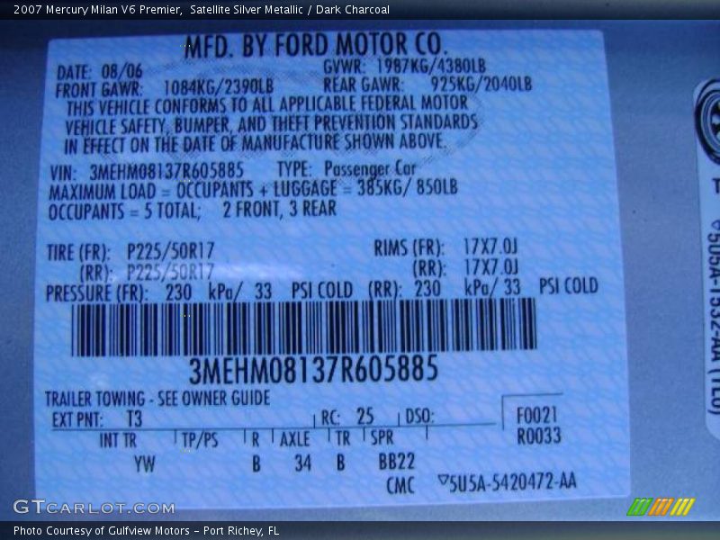 Satellite Silver Metallic / Dark Charcoal 2007 Mercury Milan V6 Premier