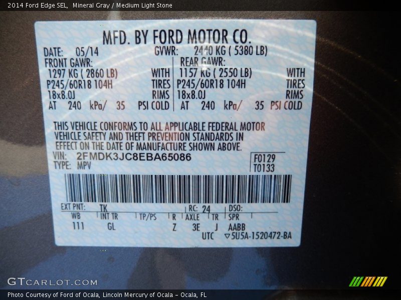 Mineral Gray / Medium Light Stone 2014 Ford Edge SEL